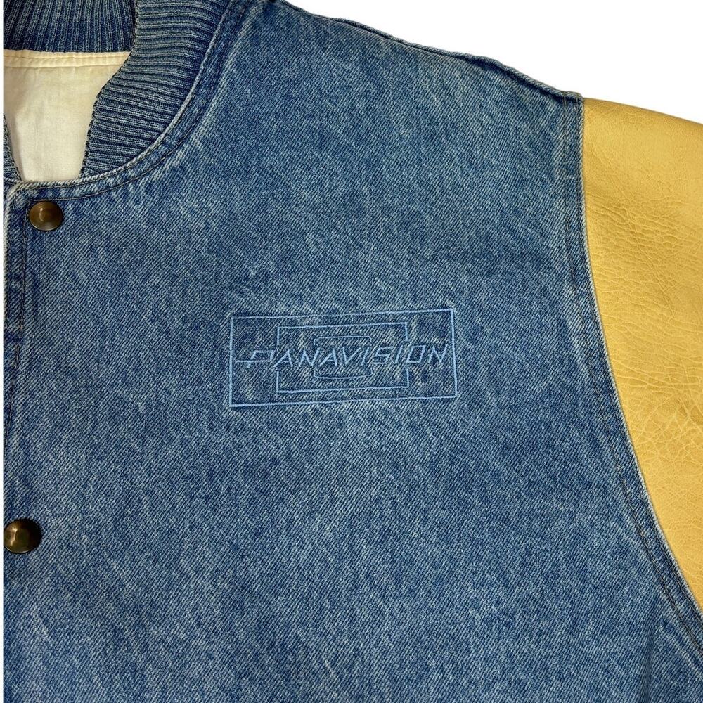Vintage 90s Panavision Denim Leather Varsity Jacket Men's XL Film Cast & Crew